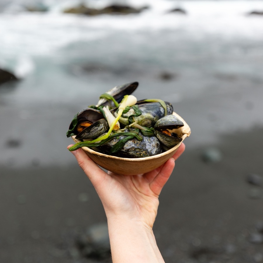 A bowl of steamed mussels with sea greens, held against the shoreline